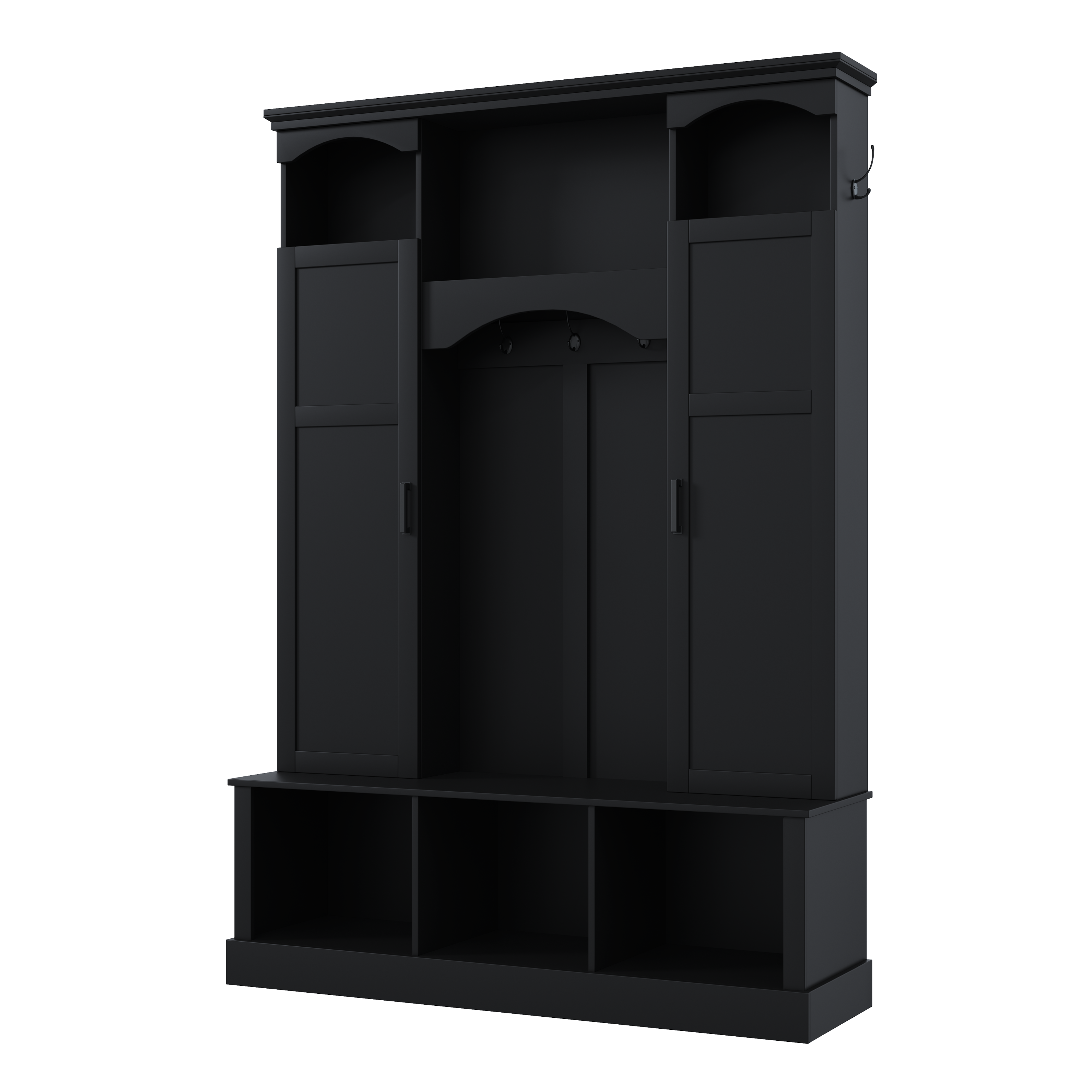 ON-TREND Modern All-in-One Hall Tree with Adjustable Shelves, Classic Arched Farmhouse Storage Bench with Dual Side Cabinets, Elegant Entryway Organizer with 7 Hooks for Mudroom, Hallway, Black - Grand Goldman Shop