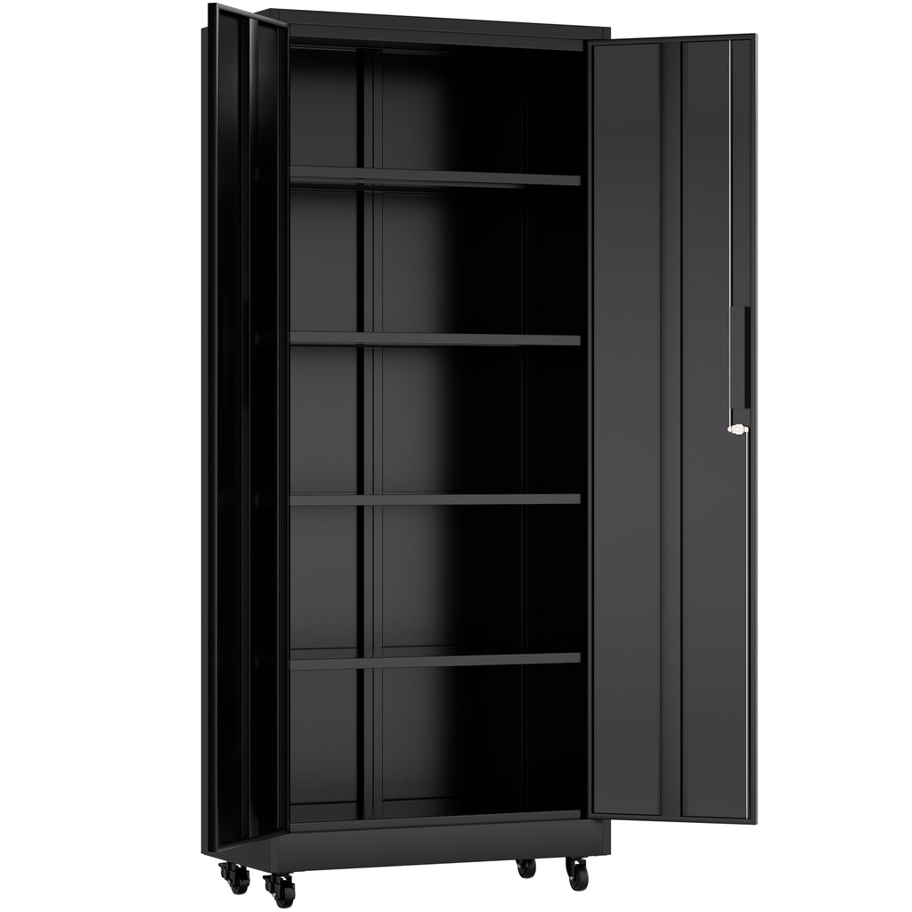 71'H Metal Garage Storage Cabinet with Wheels and Lock, Heavy Duty Rolling Metal Cabinet, 4 Adjustable Shelves (180lb Each), 