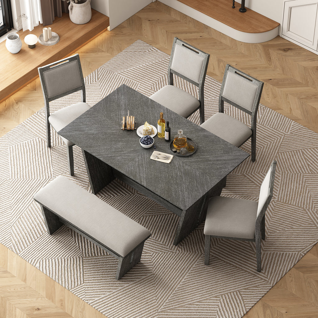 TREXM 6-Piece Retro Dining Table Set for 6, 60' Wood Kitchen Table and Chairs Set of 4 with Bench Designed Trestle Base for kitchen & Dining Room (Gray) - Grand Goldman Shop