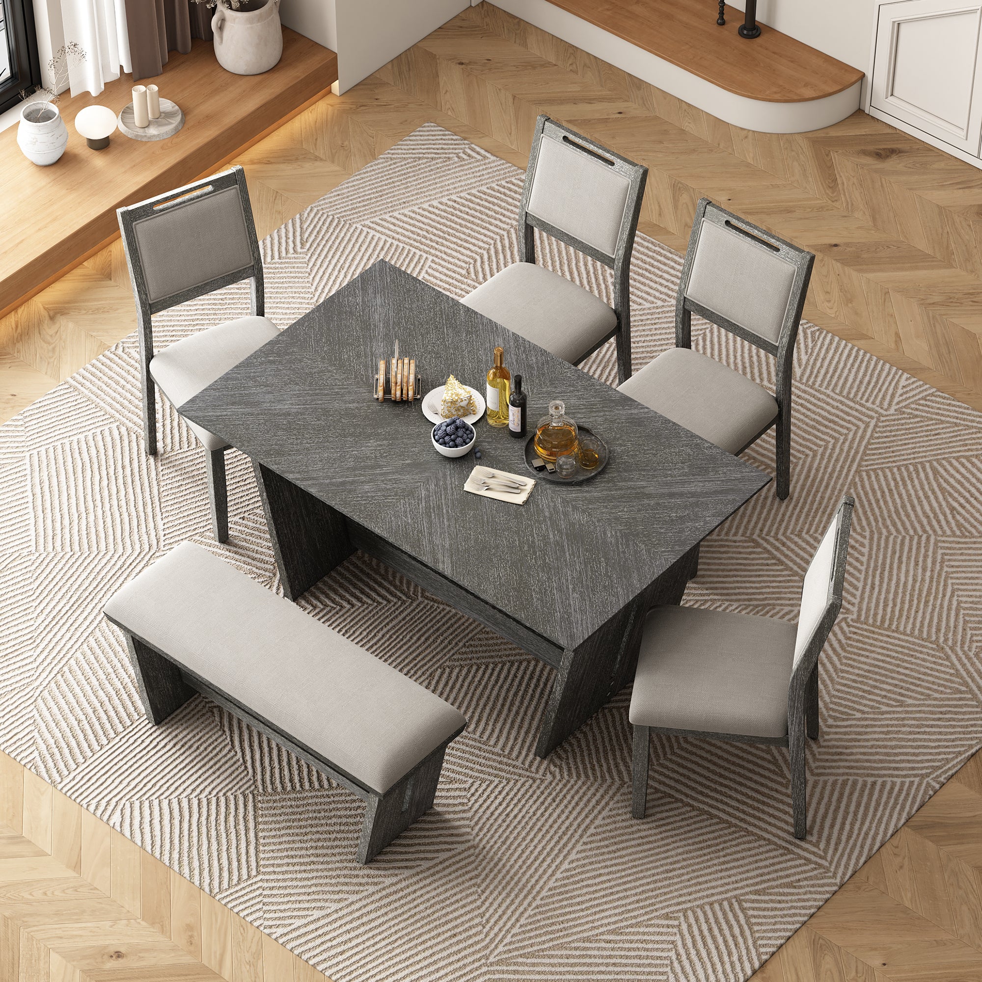 TREXM 6-Piece Retro Dining Table Set for 6, 60' Wood Kitchen Table and Chairs Set of 4 with Bench Designed Trestle Base for kitchen & Dining Room (Gray) - Grand Goldman Shop