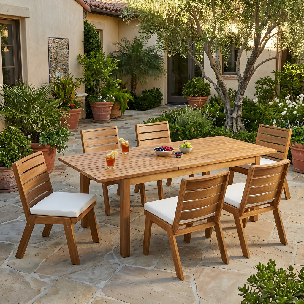 7-teiliges Outdoor-Esszimmer-Set aus Akazienholz, modernes Set mit 6 Stühlen und 1 großem Tisch, Essmöbel-Set für Rasen, Garten, Terrasse, Poolbereich, Teakholz