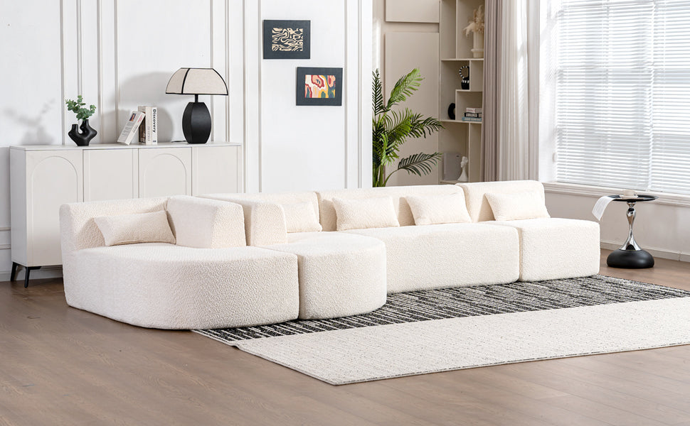 Modern Upholstered L-Shape Sofa with Chaise Lounge and Back Pillows, Beige Boucle Fabric, 144 inches - Grand Goldman Shop