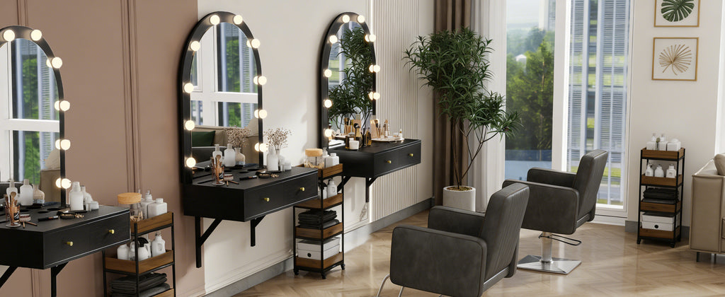 Floating Wall Mounted Makeup Vanity Desk with LED Mirror 3 Color Lights, Compact Dressing Table with Power Outlet & USB Charging, Space Saving Large Storage Vanity for Bedroom Bathroom, Black - Grand Goldman Shop