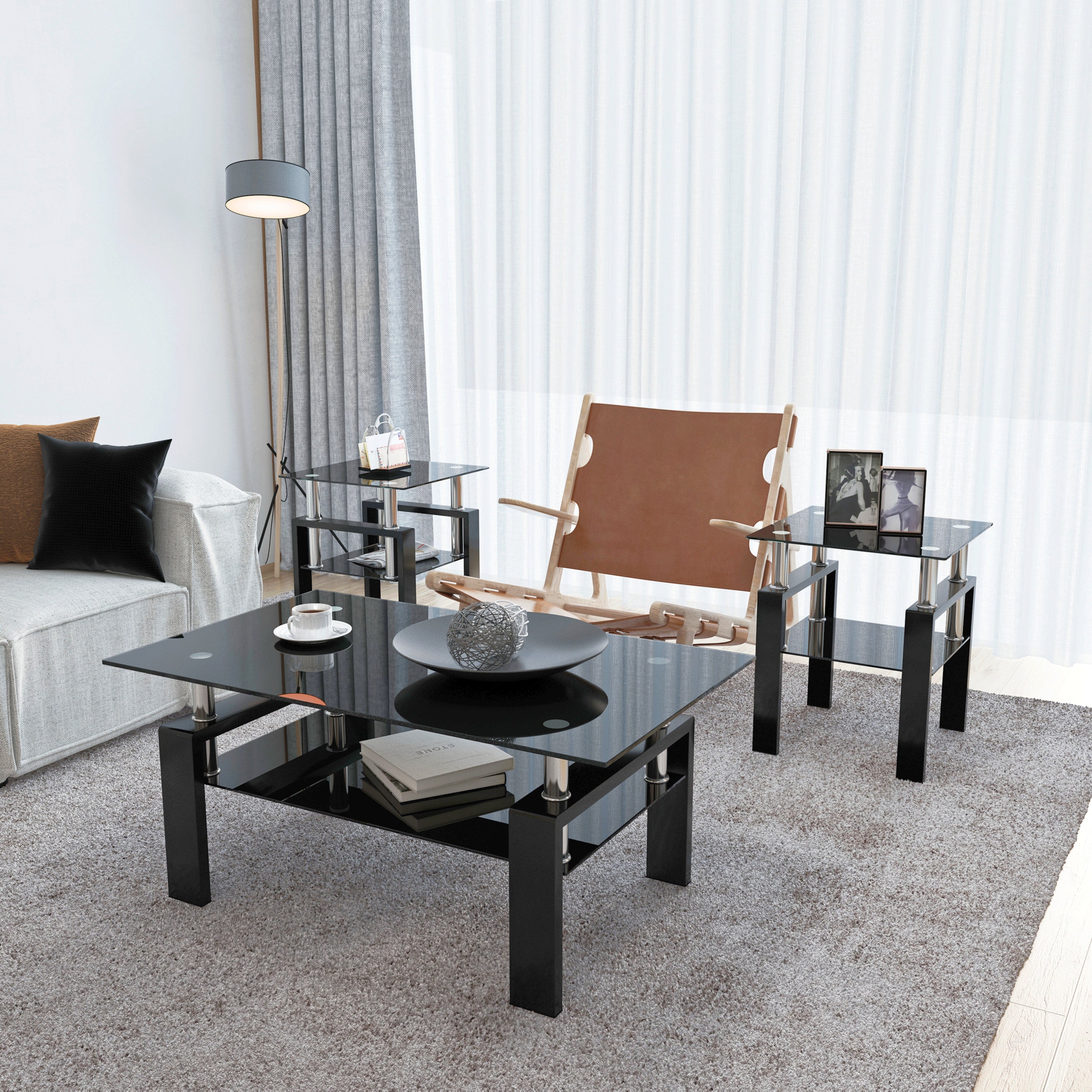 Modern Tempered Glass Tea Table Coffee Table End Table Set in Black with Metal Legs, 17.72 x 17.72 x 20.5 Inches - Grand Goldman Shop