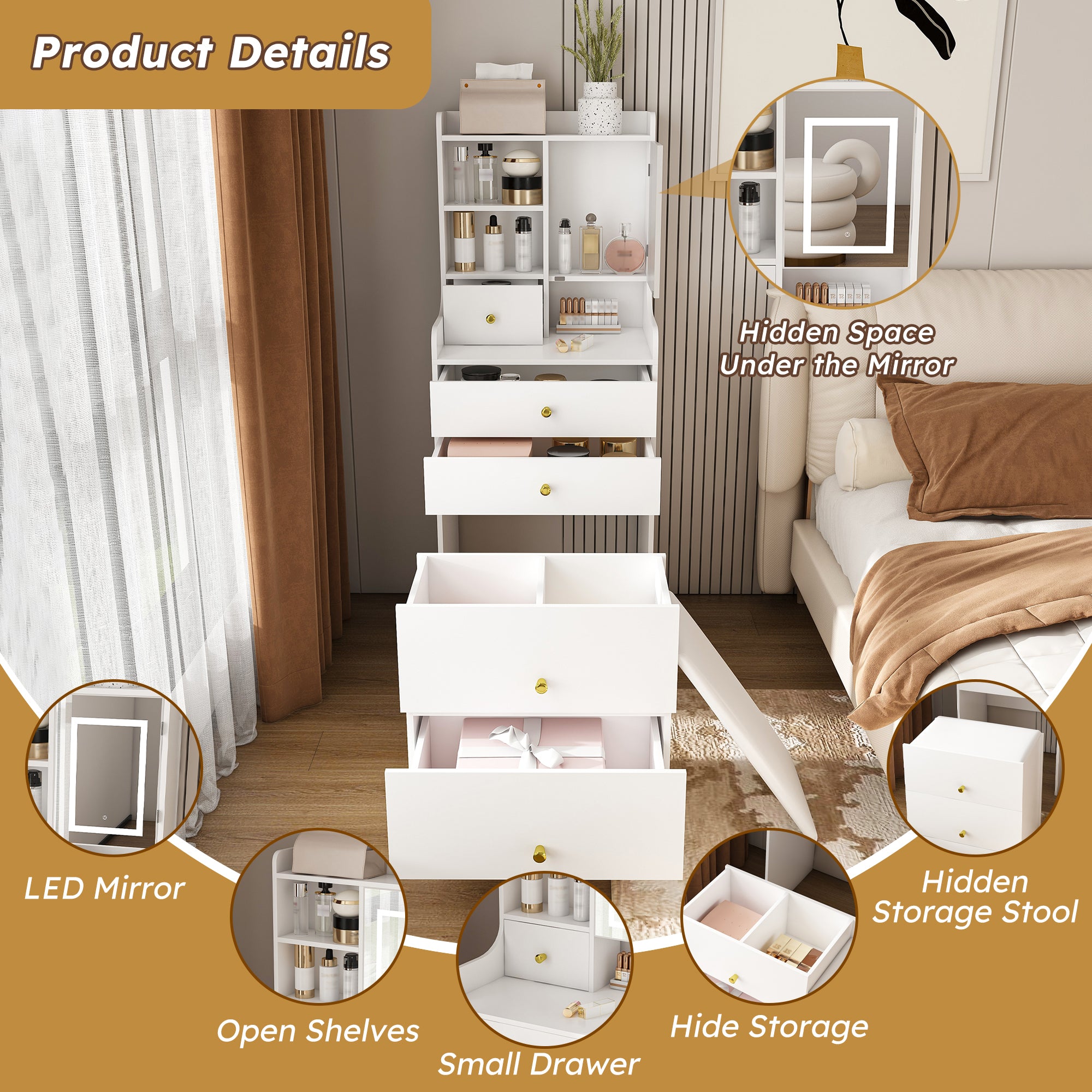3-in-1 Dressing Table with LED Mirror & Storage Stool, Compact Makeup Vanity, White MDF, 50.39x19.69x15.75 inches - Grand Goldman Shop