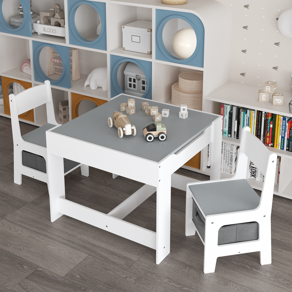 Kids Table and Chair Set, 3 in 1 Wooden Activity Table with Storage Drawer for Toddlers Drawing, Reading, Crafts, 2 in 1 Deta