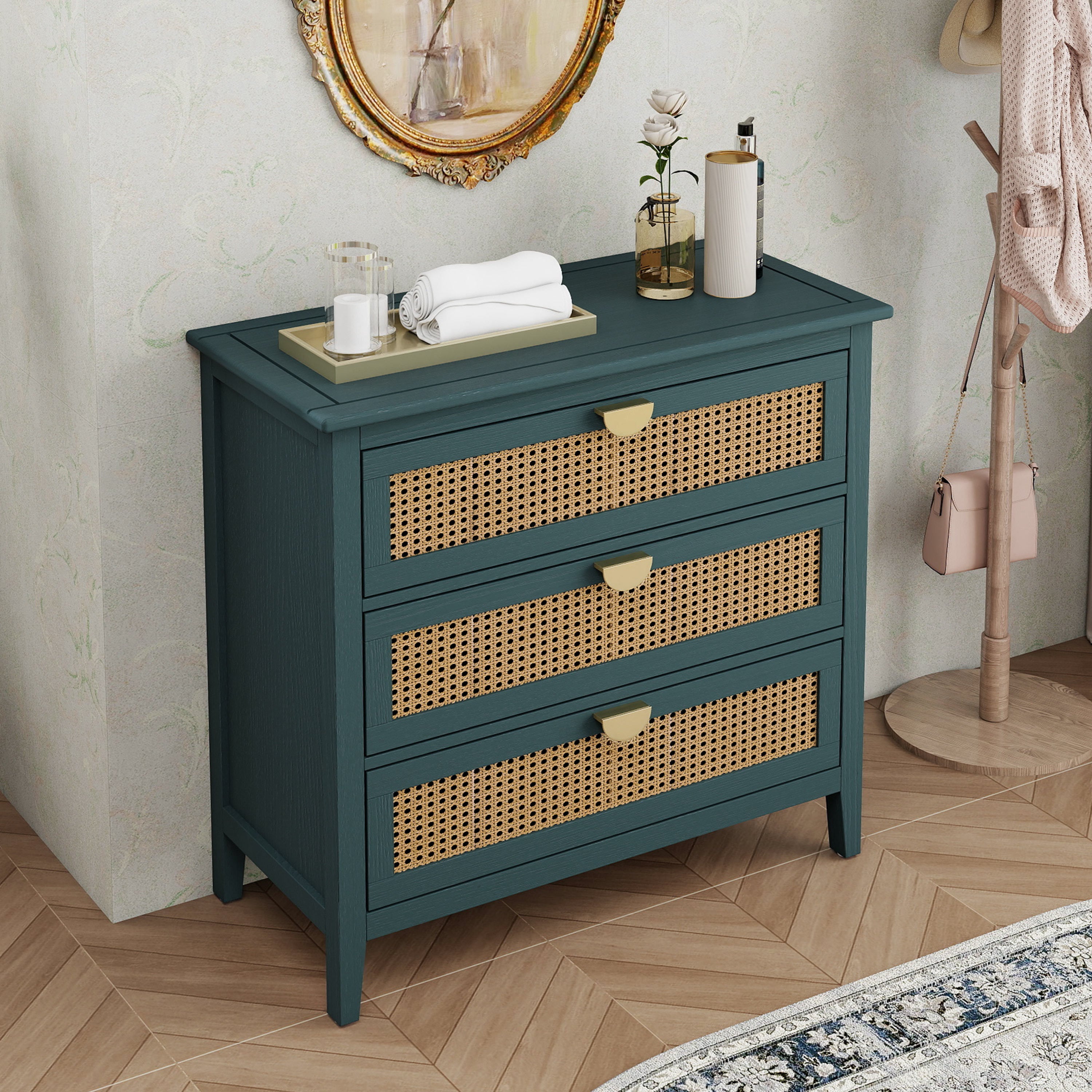3 Drawer Cabinet, Natural rattan, American Furniture, Suitable for bedroom, living room, study - Grand Goldman Shop