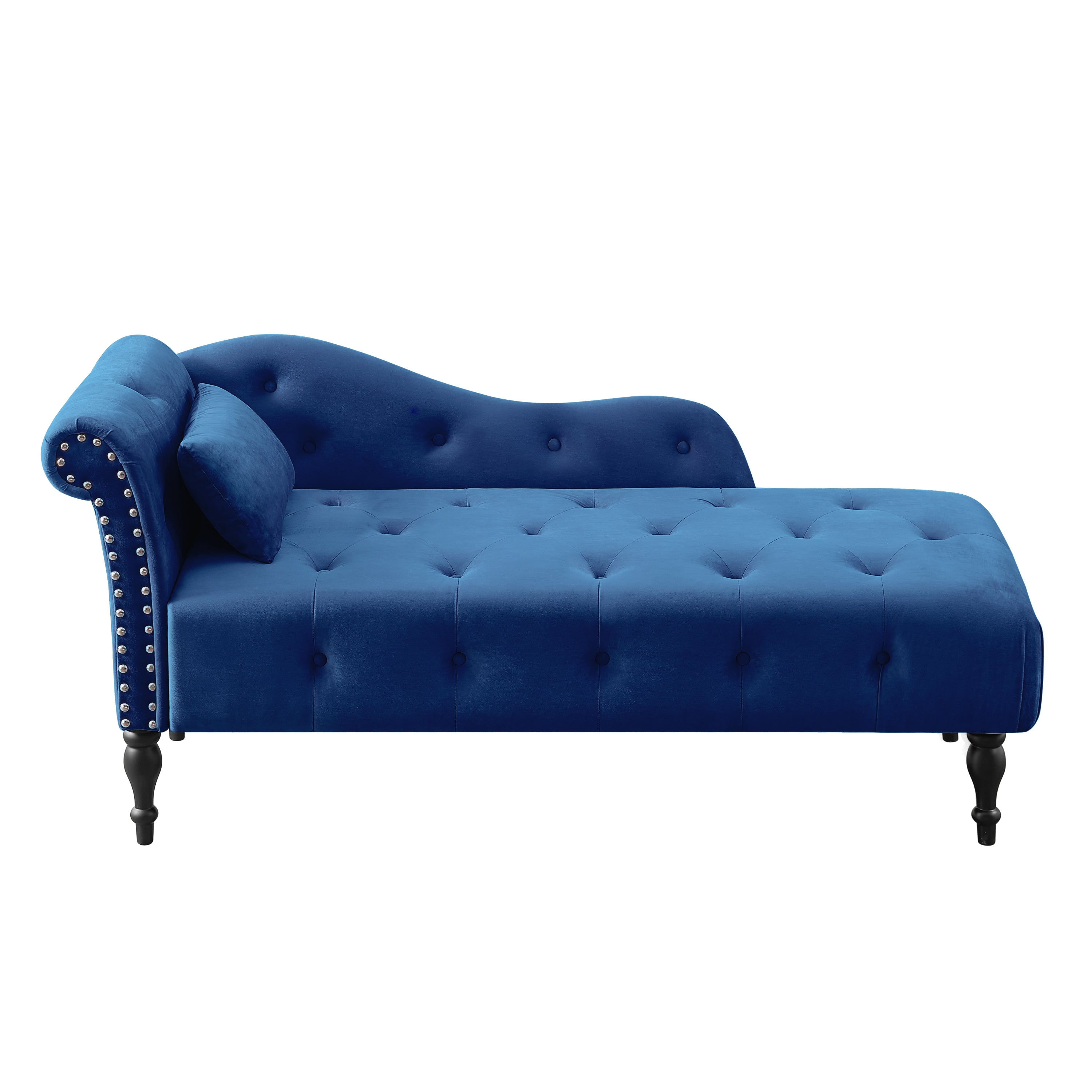 Aijia 60.6' Velvet Chaise Lounge Buttons Tufted Nailhead Trimmed Solid Wood Legs with 1 Pillow,Blue  (Left Arm Design as Shown in the Picture) - Grand Goldman Shop