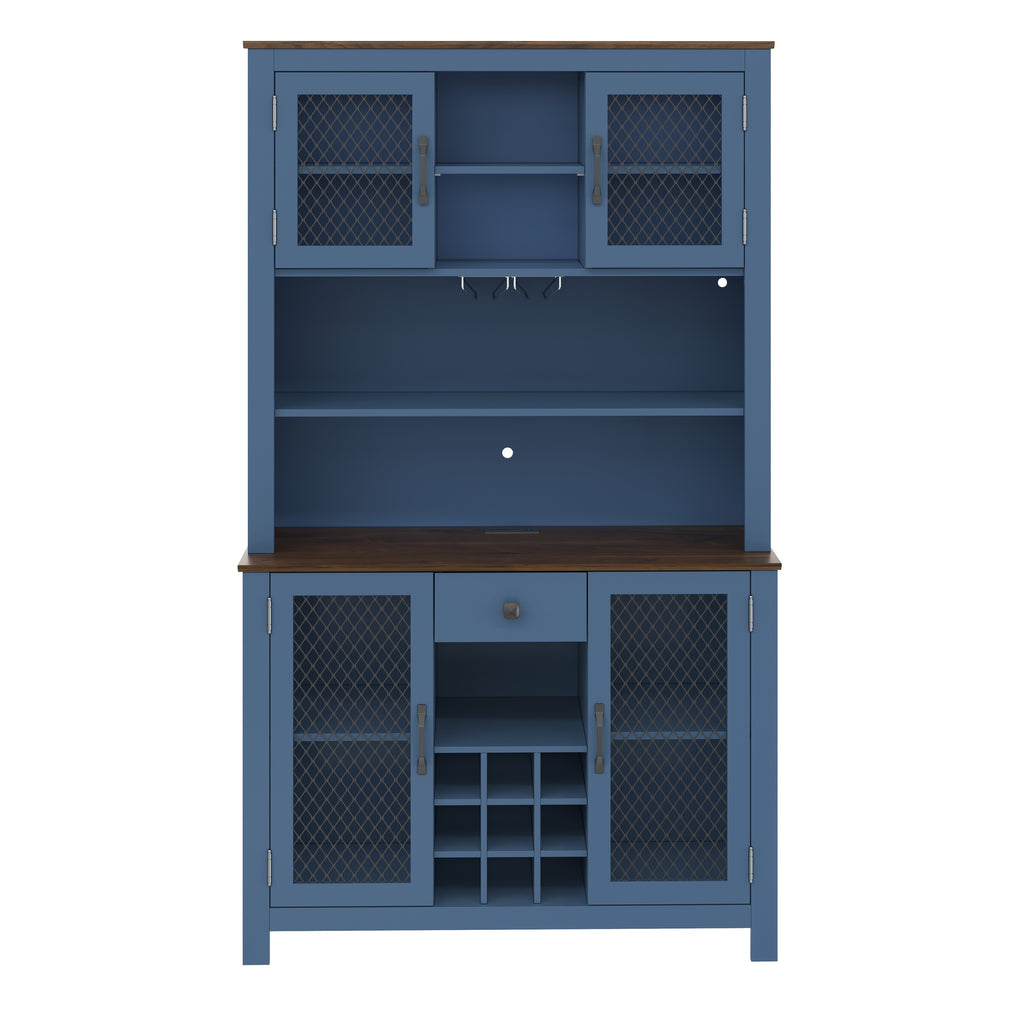 70.9' Kitchen Pantry Storage Cabinet Rustic Buffet Cabinet, Kitchen Hutch Cabinet with LED Outlets Food Pantry Cabinet with Doors and Shelves Wine Rack for Dining Room, Navy Blue - Grand Goldman Shop