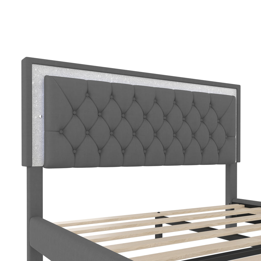 3-Pieces Bedroom Sets,Queen Size Upholstered Platform Bed with LED Lights and Two Nightstands-Gray - Grand Goldman Shop