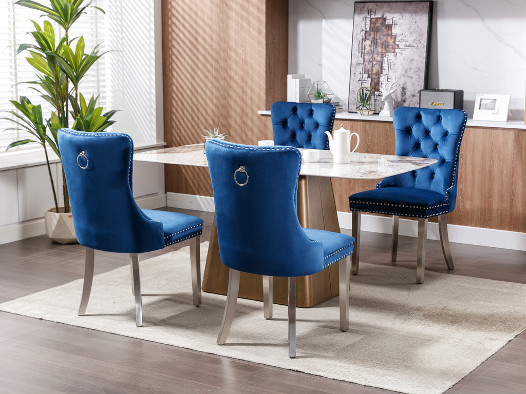 Nikki Collection Modern, High-end Tufted Solid Wood Contemporary Velvet Upholstered Dining Chair with Chrome Stainless Steel Plating Legs,Nailhead Trim,Set of 2,Blue and Chrome, SW1701BL - Grand Goldman Shop
