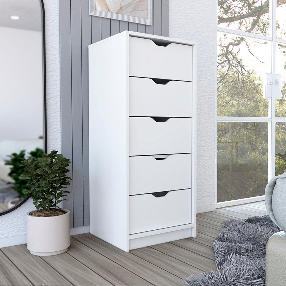 Dresser Kamran, Five Drawer Narrows, White Finish - Grand Goldman Shop