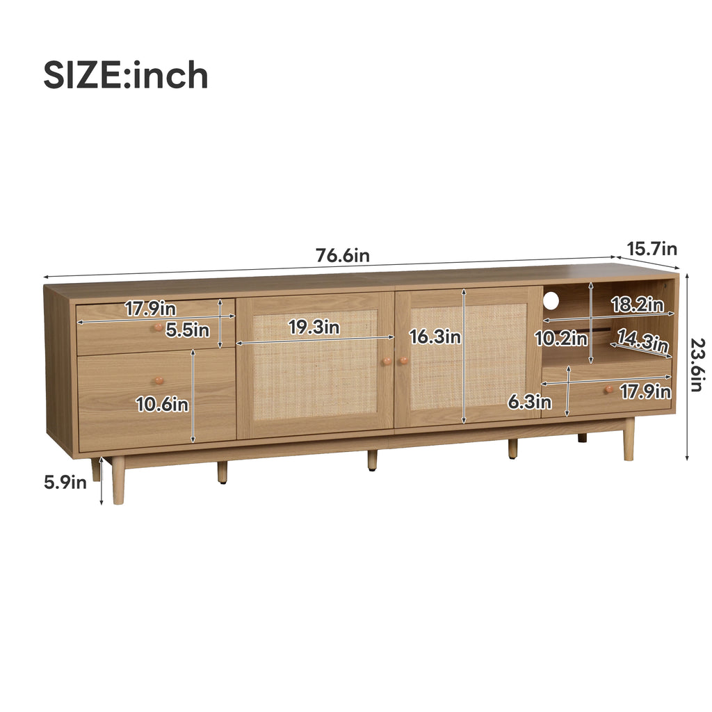 Boho TV Stand for 65 75 85 Inch TV with Real Rattan Doors, Modern Wood Media Console in Natural Finish, 76.6'' L x 15.7'' W x 23.6'' H - Grand Goldman Shop