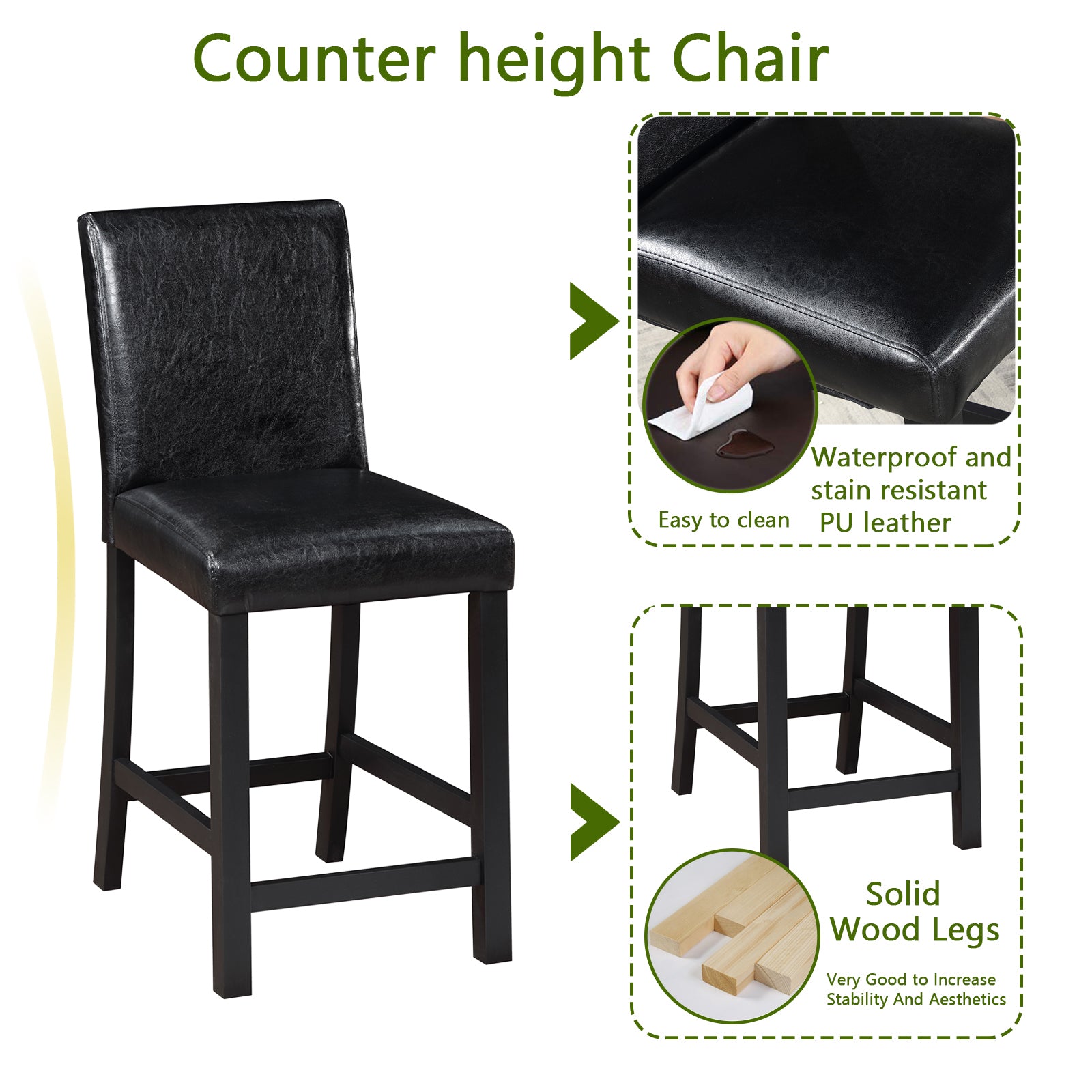 5PCs Counter Height Table Set, Wooden Kitchen Table Set with Square Table and 4 Upholstered Chairs, Counter Height Dining Table with Crystal Decoration and Chair Set for Kitchen, Dining Room, Black - Grand Goldman Shop