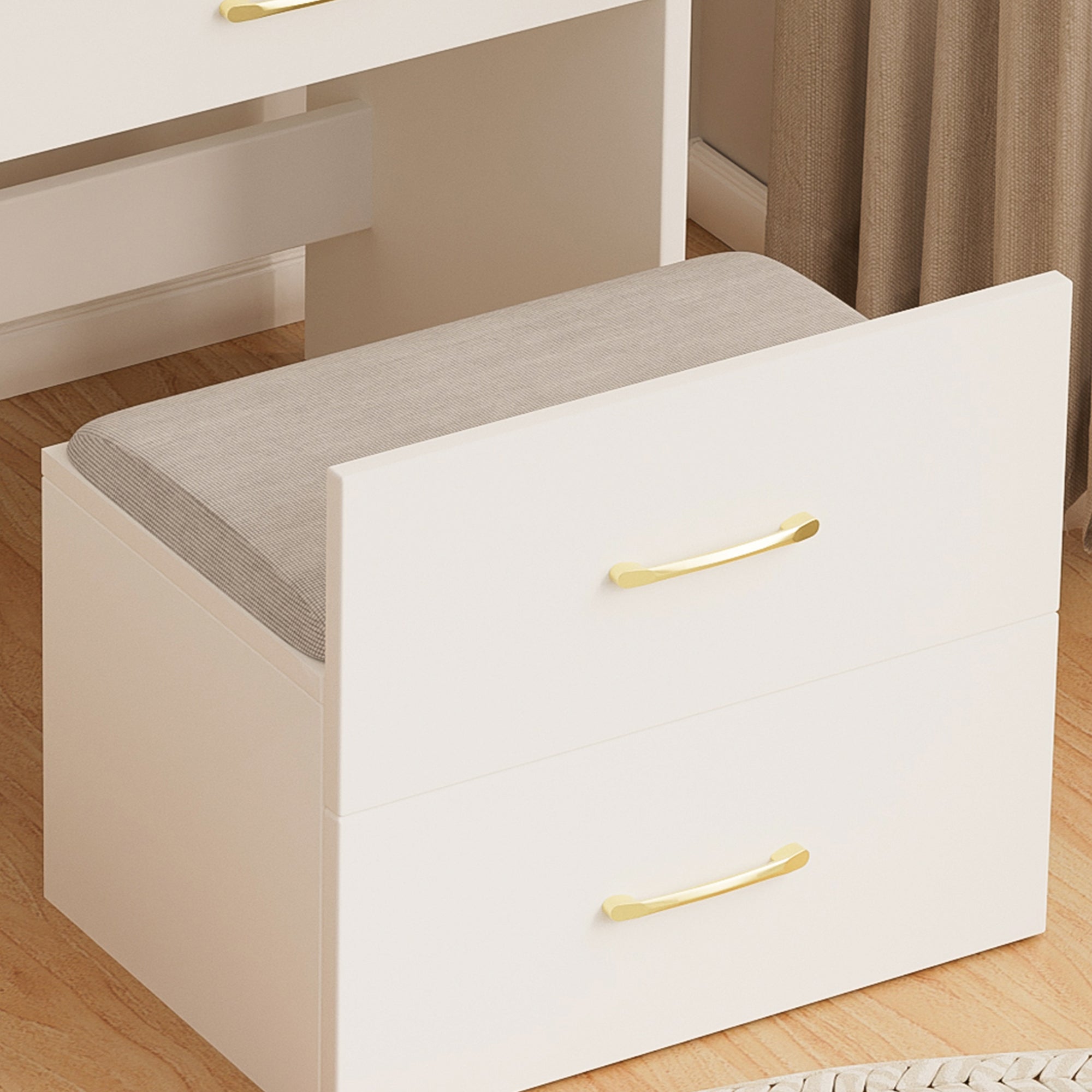Compact 3 in 1 Vanity Desk with Open Top Mirror, Glass Desktop, White MDF, 50.39' Height - Grand Goldman Shop