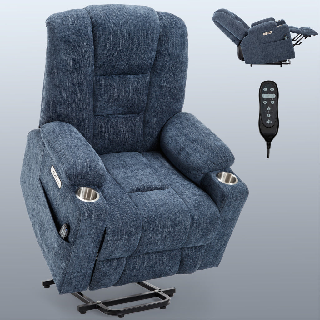 Power Lift Recliner Chair with Massage and Heat for Elderly, Overstuffed Wide Recliners, Heavy Duty Motion Mechanism with USB and Type C Ports, 2 Steel Cup Holders, Blue - Grand Goldman Shop