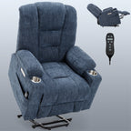 Power Lift Recliner Chair with Massage and Heat for Elderly, Overstuffed Wide Recliners, Heavy Duty Motion Mechanism with USB and Type C Ports, 2 Steel Cup Holders, Blue - Grand Goldman Shop