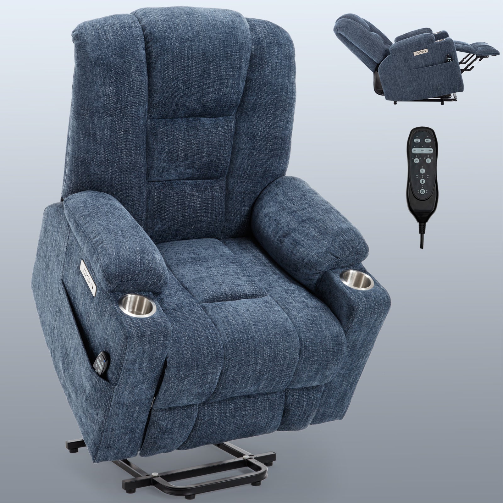 Power Lift Recliner Chair with Massage and Heat for Elderly, Overstuffed Wide Recliners, Heavy Duty Motion Mechanism with USB and Type C Ports, 2 Steel Cup Holders, Blue - Grand Goldman Shop