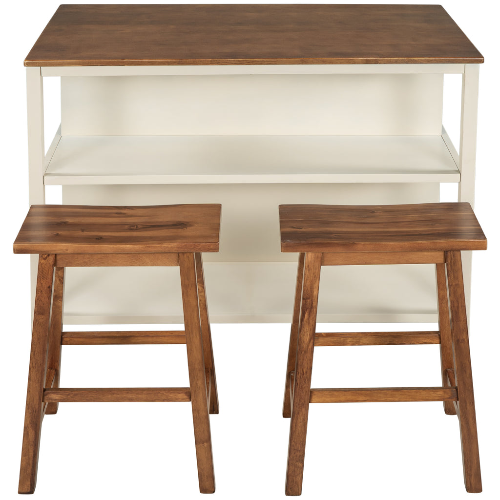 TOPMAX Rustic 3-piece Stationary Kitchen Island Set with Butcher Block and Seating, Walnut and Cream White - Grand Goldman Shop