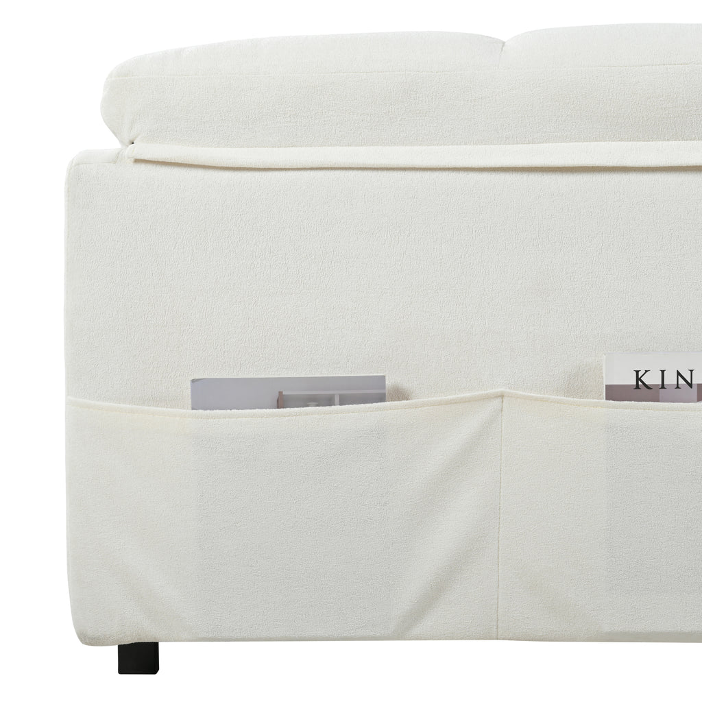 Convertible Pull-Out Queen Sleeper Sofa, 3-in-1 Loveseat with Side Storage & 8 Silent Casters, Beige Chenille Fabric, Fits Living Room, Bedroom, Apartment - Grand Goldman Shop