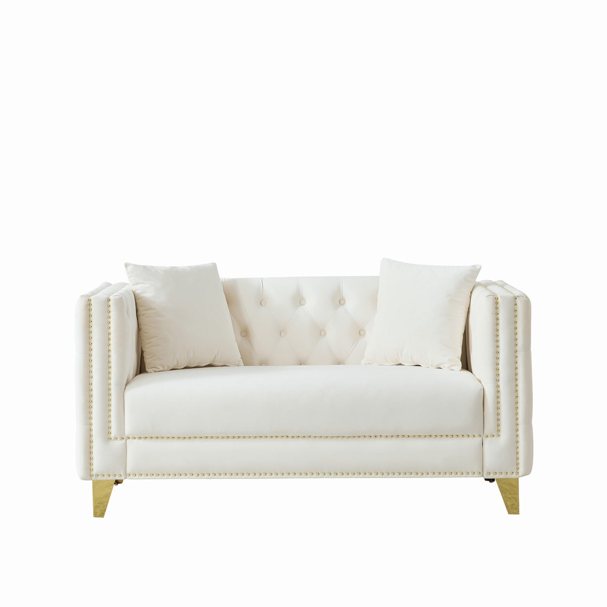 58'Chesterfield Velvet Sofa,2 Seater Deep Seat Sofa,Modern Sofa with Button Nailhead,Square Arm Couches,Furniture for Living Room,Bedroom,Office(Beige) - Grand Goldman Shop