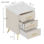 Upholstered Wooden Nightstand with 3 Drawers and Metal Legs&Handles, Bedside Table with Marbling Stickers Worktop - Beige - Grand Goldman Shop