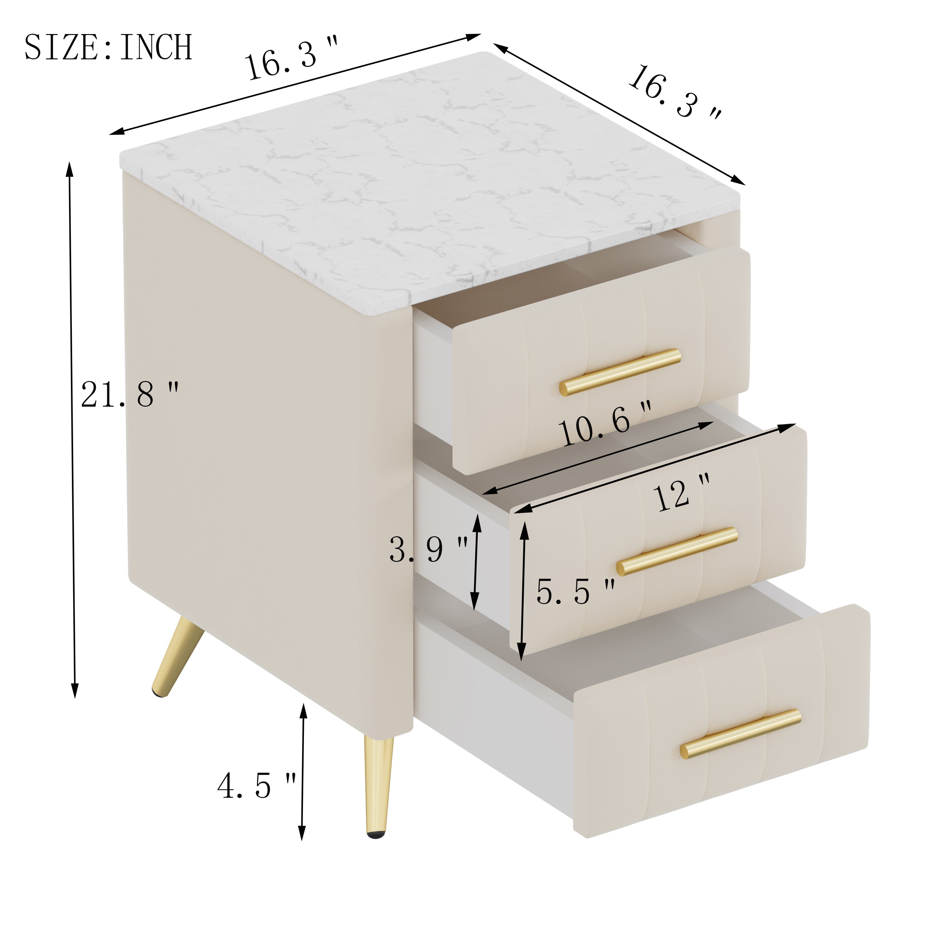 Upholstered Wooden Nightstand with 3 Drawers and Metal Legs&Handles, Bedside Table with Marbling Stickers Worktop - Beige - Grand Goldman Shop