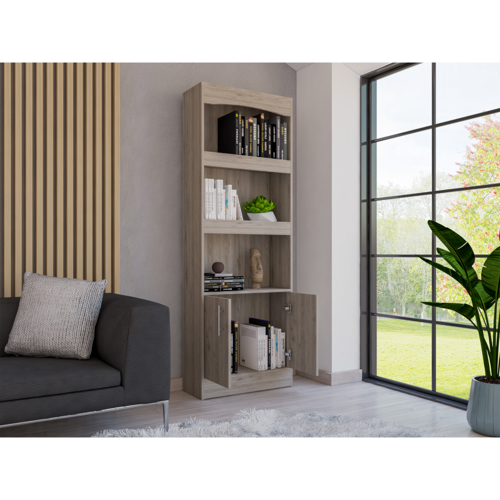 Bookcase, Three Shelves, Double Door Cabinet, Metal Hardware, Light Gray - Grand Goldman
