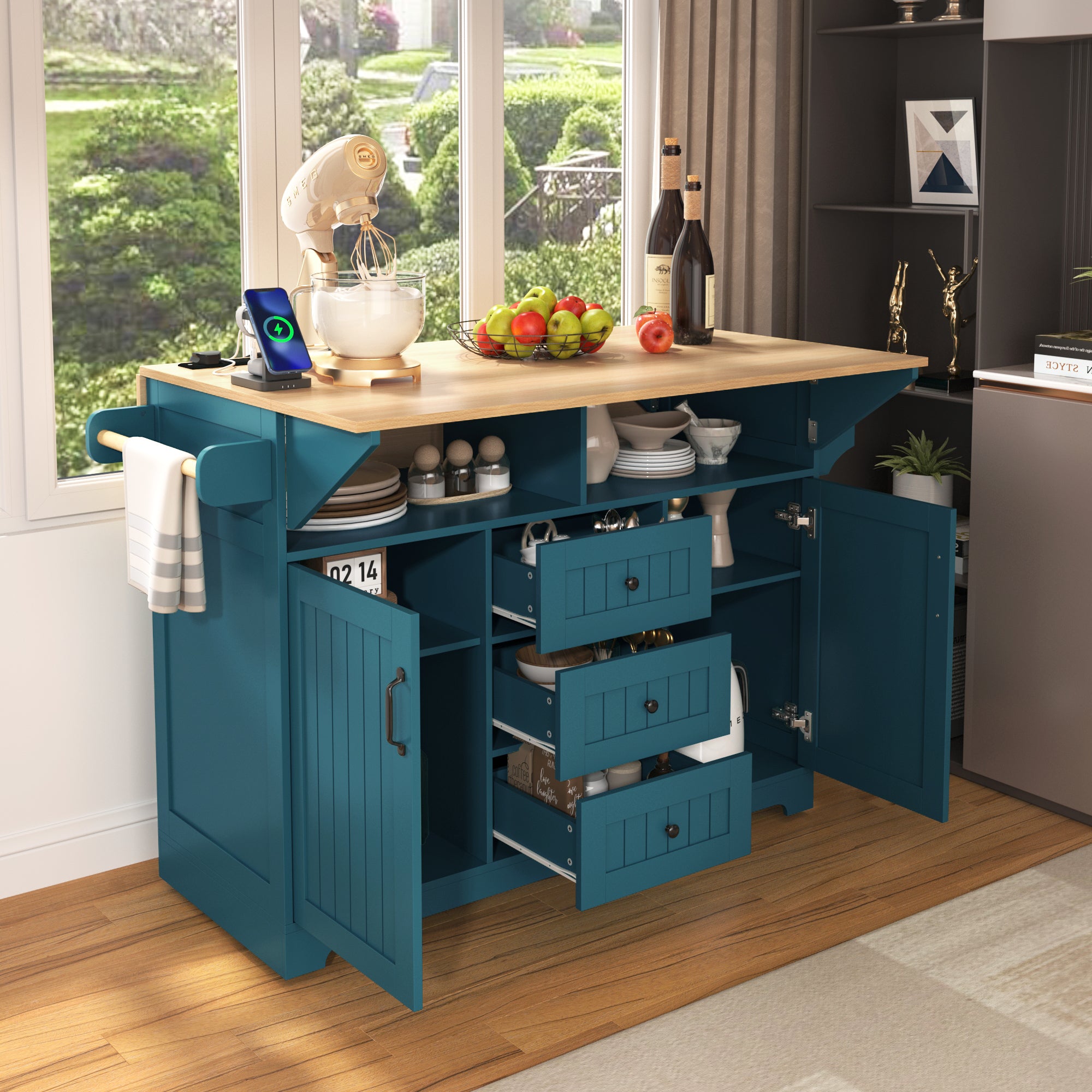 K&K 55.7'' Large Kitchen Island with 2 Drop Leaf,, Rolling Kitchen Cart on 5 Wheels with Power Outlet, Folding Storage Dining Table with Spice & Towel Rack , 3 Drawers, for Kitchen, Dining Room,Green - Grand Goldman Shop