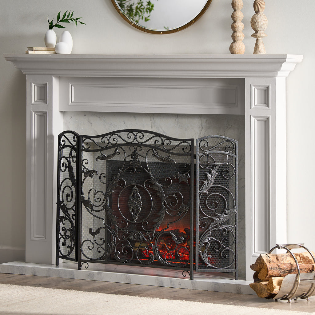 Mariella Traditional Floral Iron Fireplace Screen with Ornate Design in Black Brushed Silver Finish - Grand Goldman Shop