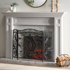 Mariella Traditional Floral Iron Fireplace Screen with Ornate Design in Black Brushed Silver Finish - Grand Goldman Shop