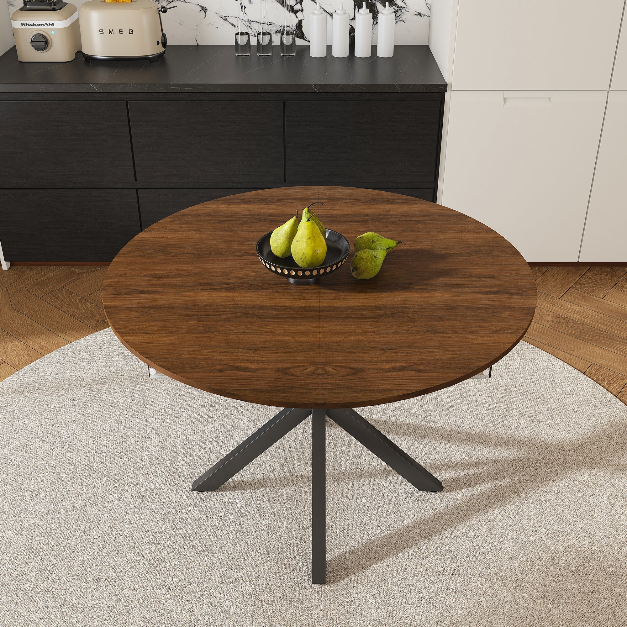 Modern Solid Wood Veneer Retractable Dining Table, Round Extendable 6-Person Table, Walnut MDF with Carbon Steel Base, 42-58 Inches - Grand Goldman Shop