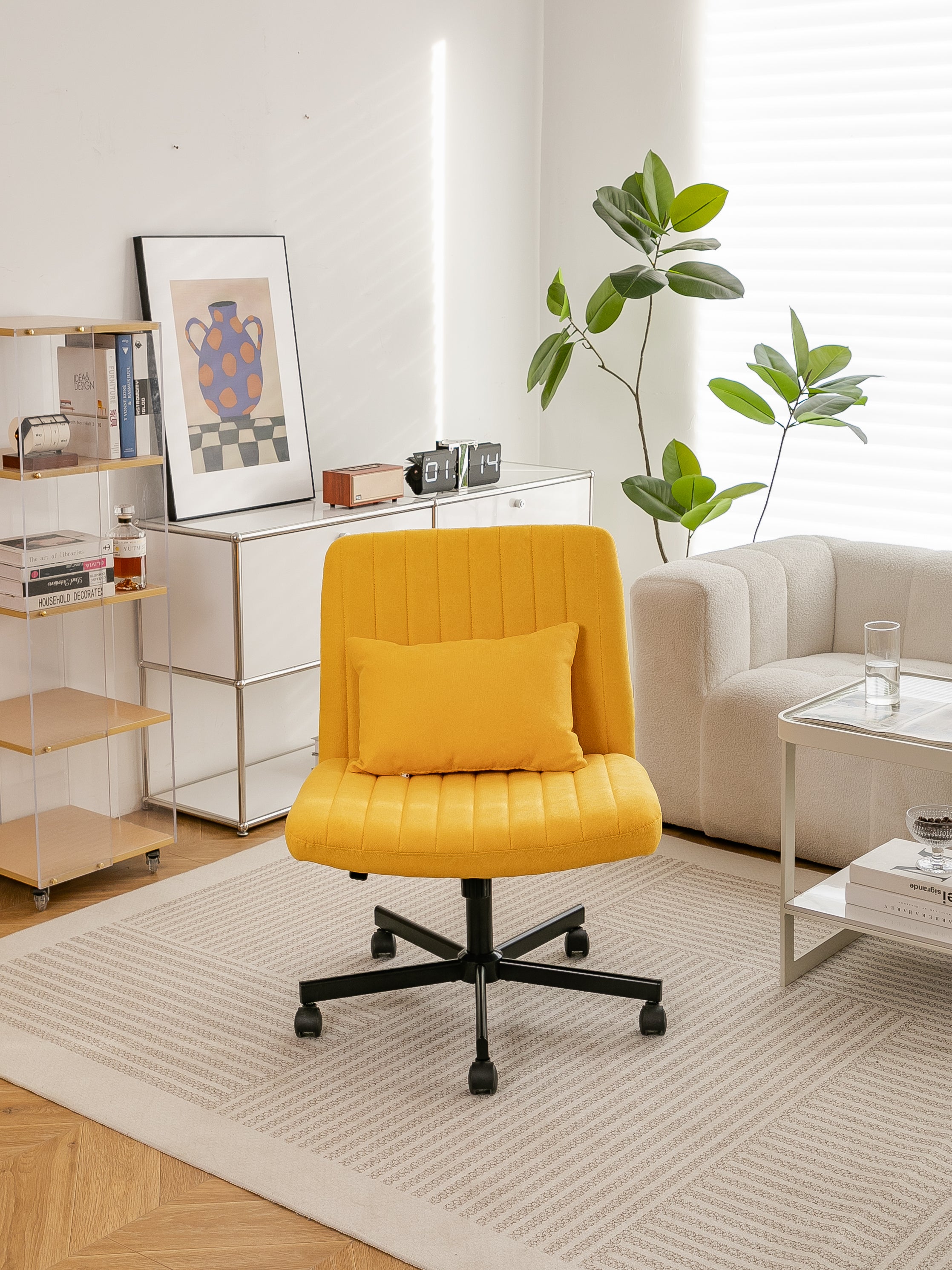 Yellow Linen Criss Cross Armless Office Chair with Wheels - Modern Comfort for Home Office, Meditation & Makeup Spaces | Prem