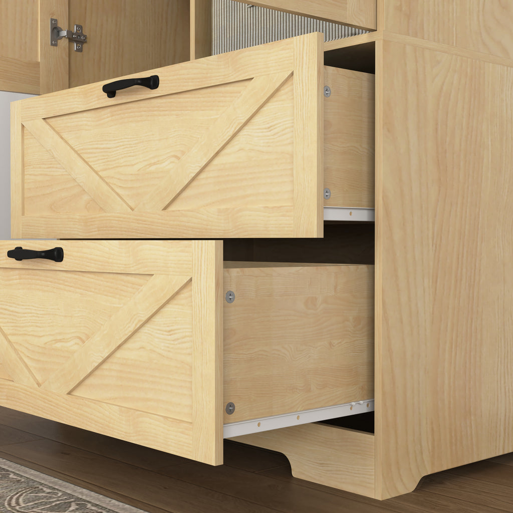 2 Door Wood Wardrobe for Bedroom with Hanging Clothing Rod inside the Cabinet and 2 Drawers for Storage Organization, Built-in induction light Multifunctional Closet with Mirror, Natural - Grand Goldman Shop