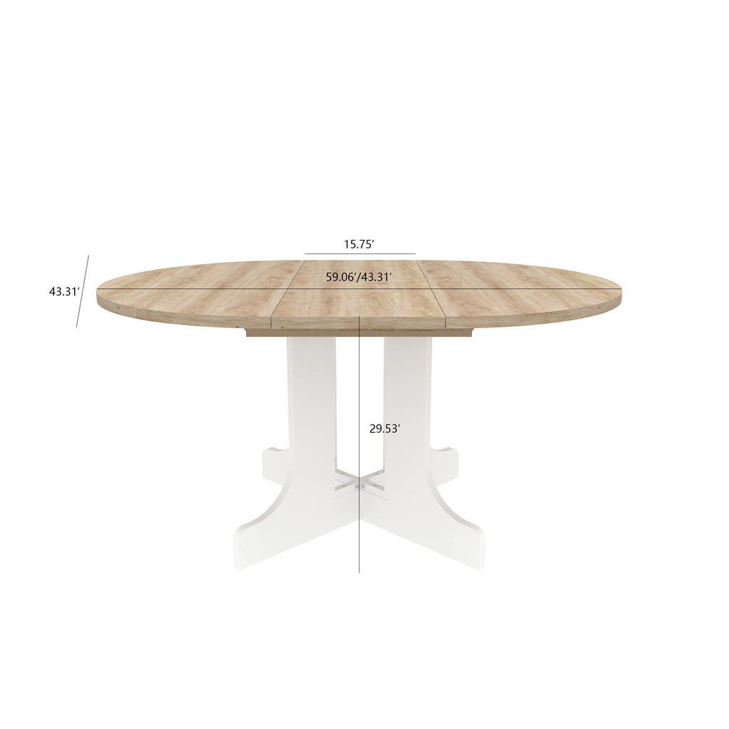 Dining Table for Farmhouse Kitchen 59x43 Inch Expandable Oval Table Top with Removable Leaf Trestle X Shaped Base White - Grand Goldman Shop