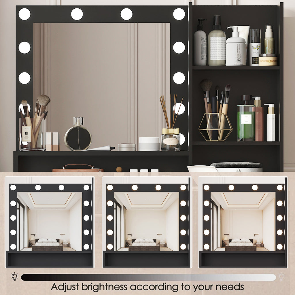 Vanity Desk with Mirror & Light, Large Drawer Three Level Storage Dresser, 3 Lighting Modes Adjustable Brightness, Bedroom Dressing Table(black) - Grand Goldman Shop