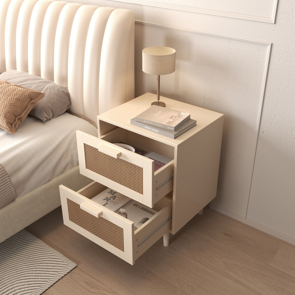 Rattan Nightstand with Wood Finish and 2 Faux Rattan Drawers, Antique Natural Color, Storage Side Table for Bedroom or Living Room - Grand Goldman Shop