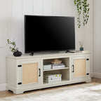 Farmhouse Rattan TV Stand Console Table for TVs up to 70 Inches, TV Console Table with 2 Storage Shelves, 2 Natural Rattan Door Cabinets,65'W*15.55'D*23.86'H, White - Grand Goldman Shop
