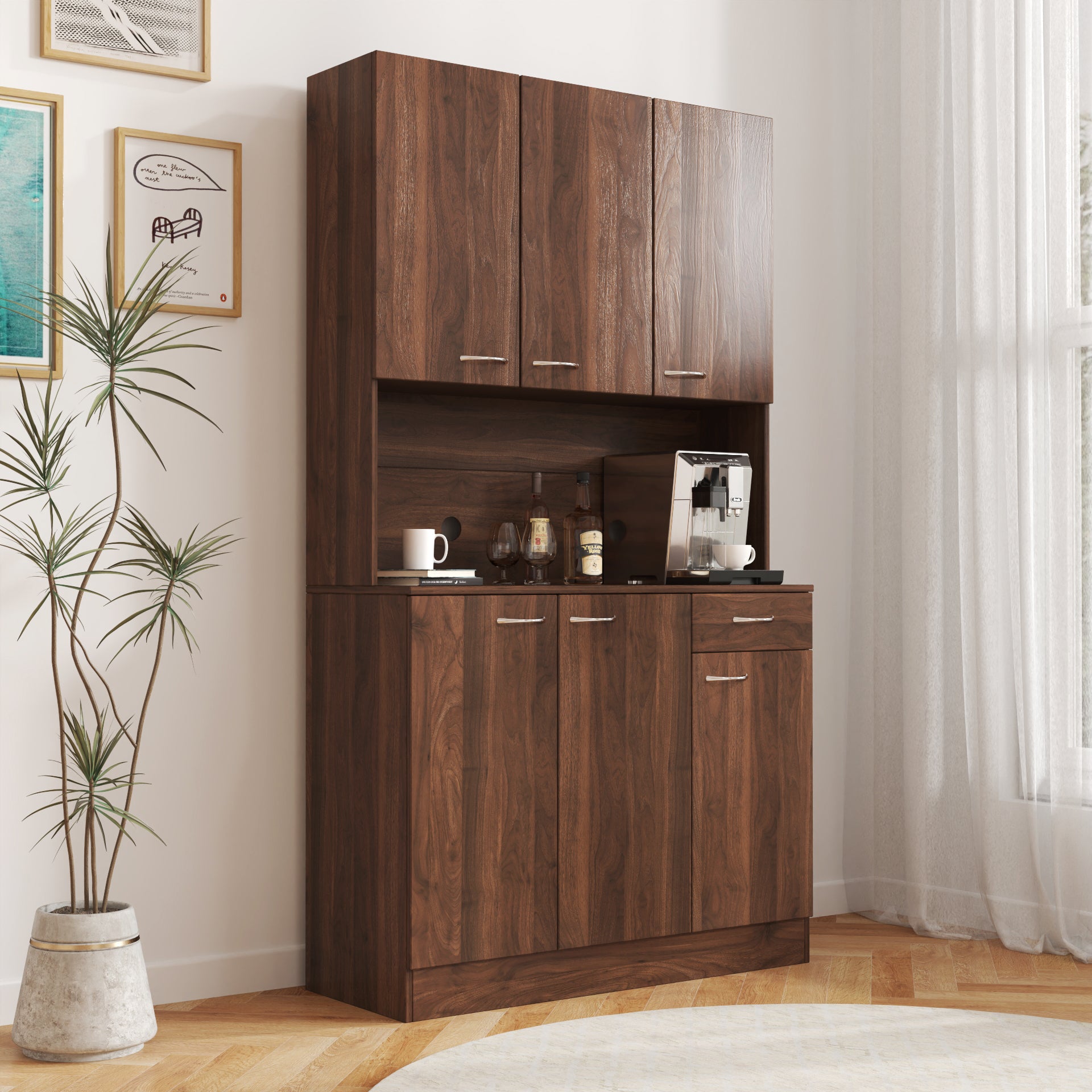 70.87' Tall Wardrobe& Kitchen Cabinet, with 6-Doors, 1-Open Shelves and 1-Drawer for bedroom,Walnut - Grand Goldman Shop