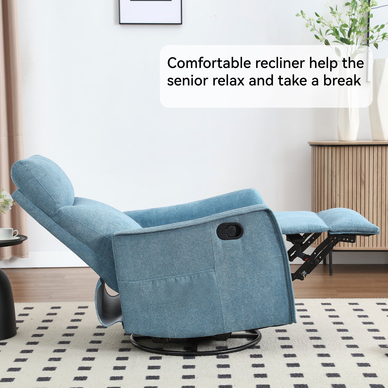 Heat Massage Manual Recliner Chair with Rocker and Swivel in Fabric for Living Room, Blue - Grand Goldman Shop
