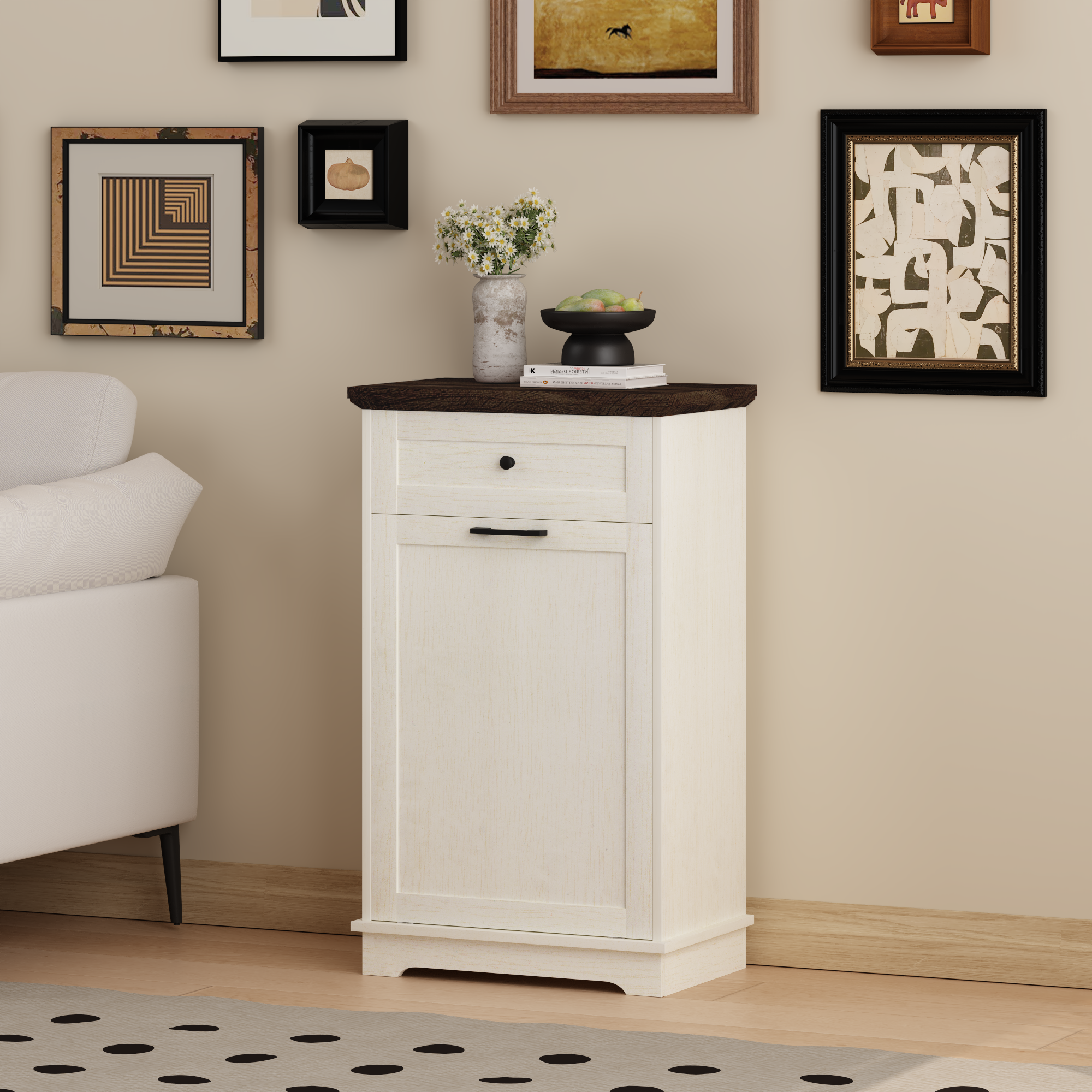 10 Gallon Tilt Out Trash Cabinet Freestanding Trash Bin Cabinet Wood Garbage Recycling Cabinet with Drawer Pet Proof Trash Can Holder for Kitchen Living Room, Antique White (Not include trash can) - Grand Goldman Shop