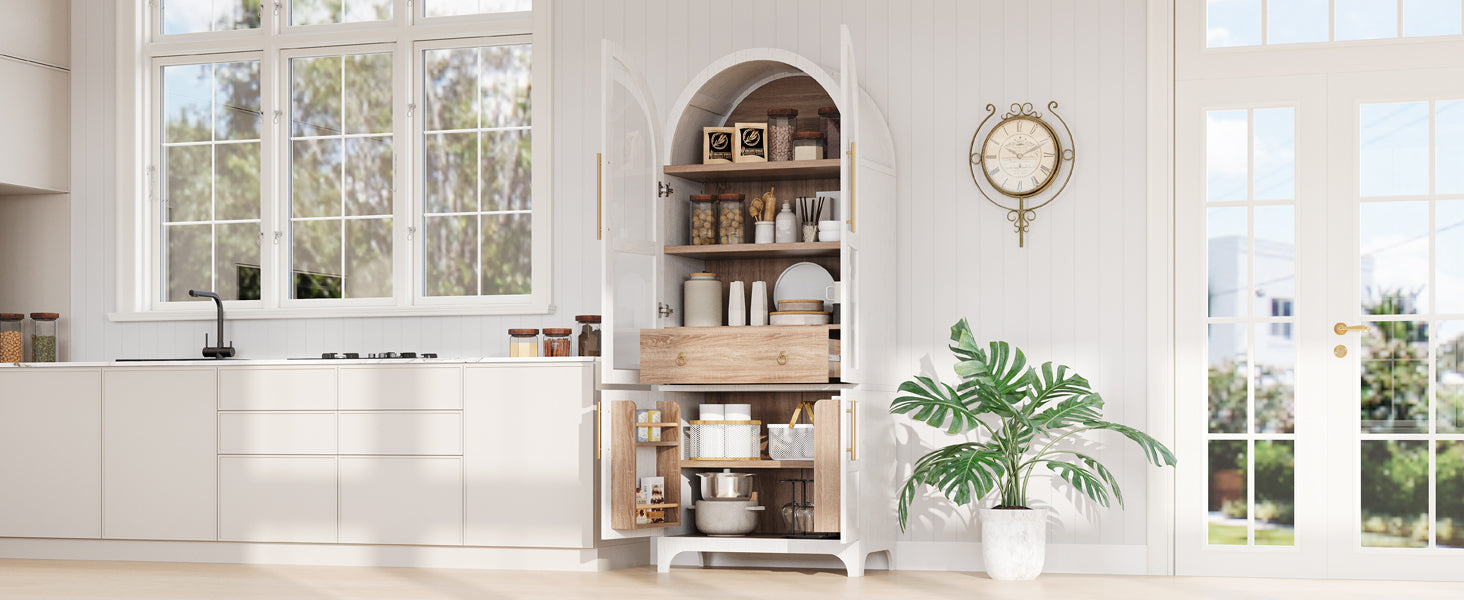 K&K 71' Tall Arched Kitchen Pantry Cabinet with Door Shelves, Farmhouse Kitchen Storage Cabinet with Open & Adjustable Shelves, Hidden Drawer & Glass Door, Cupboard for Kitchen, Dining Room, White - Grand Goldman Shop