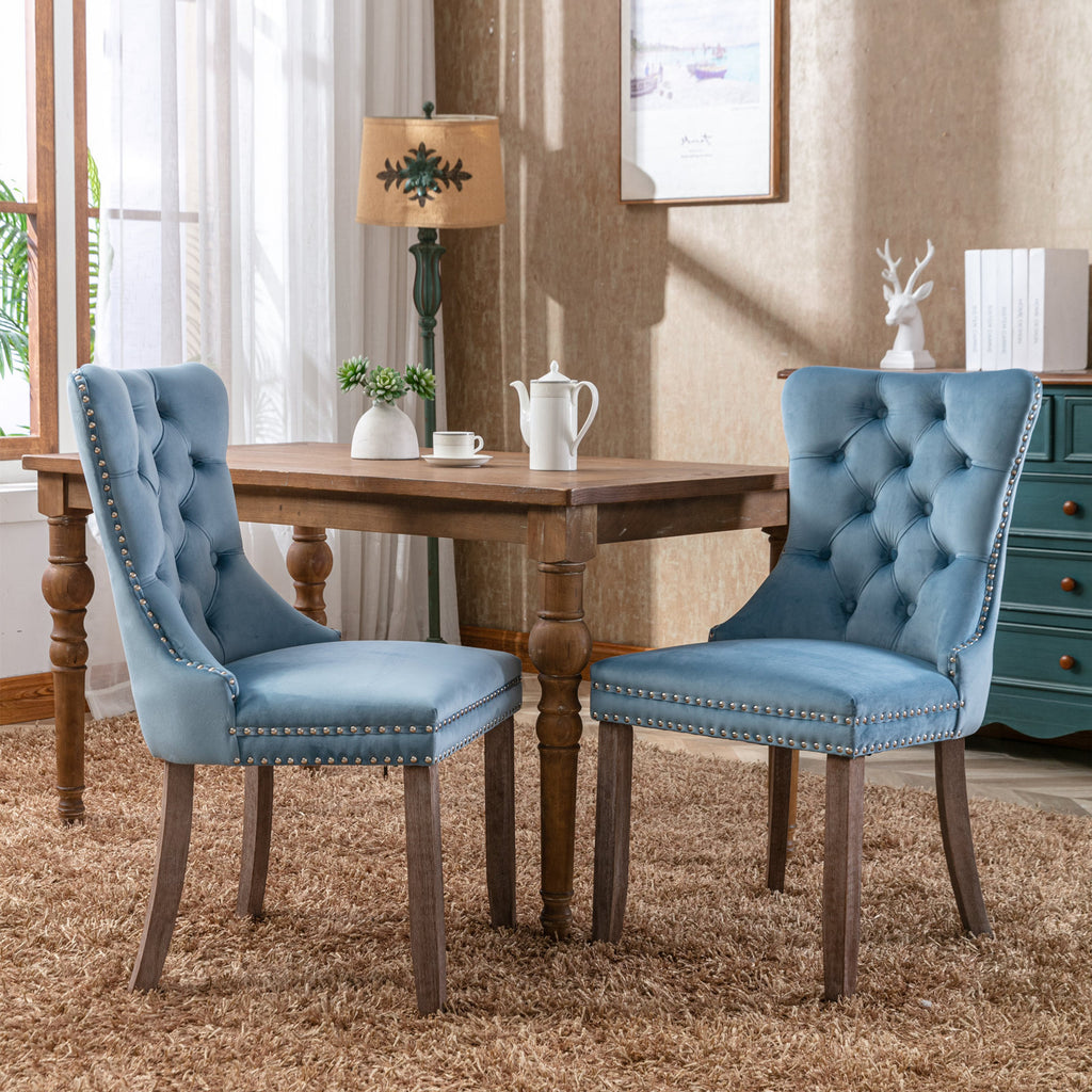 Nikki Collection Modern, High-end Tufted Solid Wood Contemporary Velvet Upholstered Dining Chair with Wood Legs Nailhead Trim 2-Pcs Set,Light Blue, SW2001LB - Grand Goldman Shop