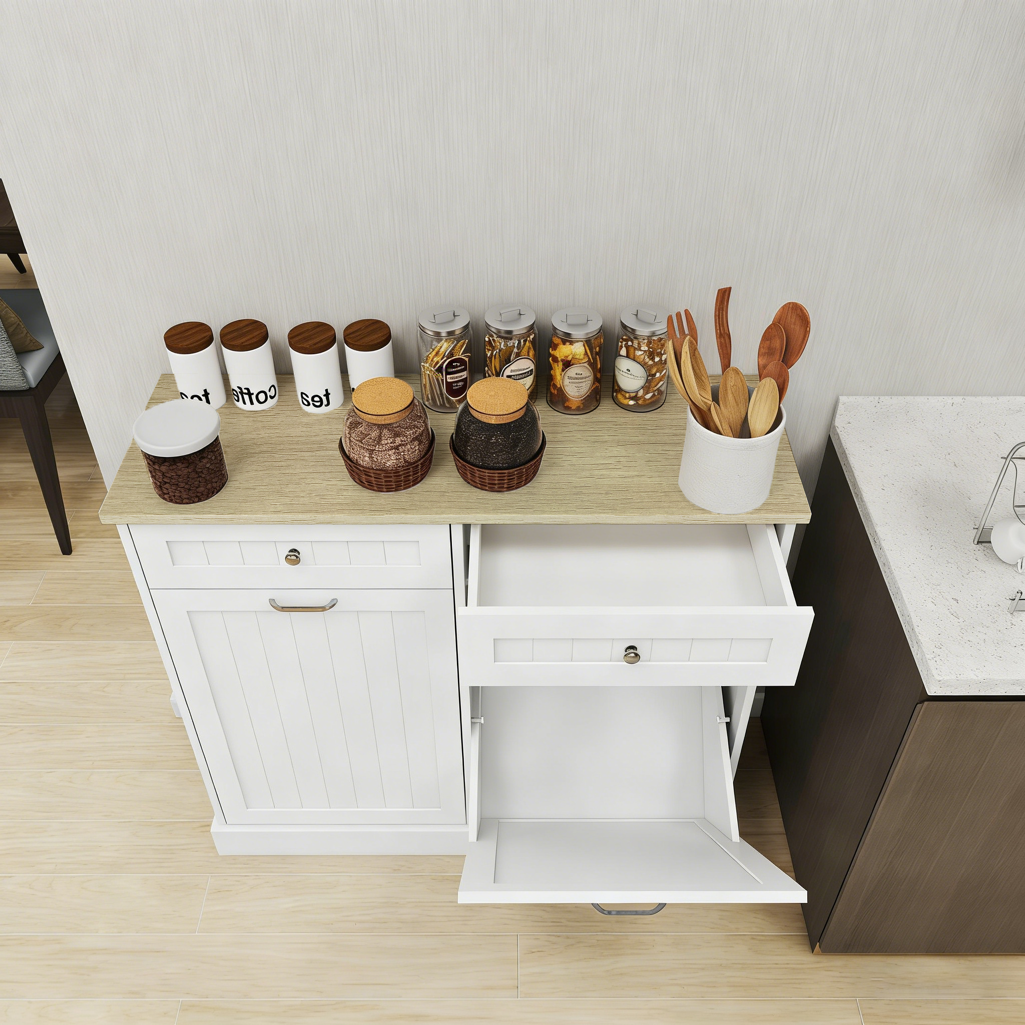Two Drawers and Two-Compartment Tilt-Out Trash Cabinet Kitchen Trash Cabinet-White - Grand Goldman Shop