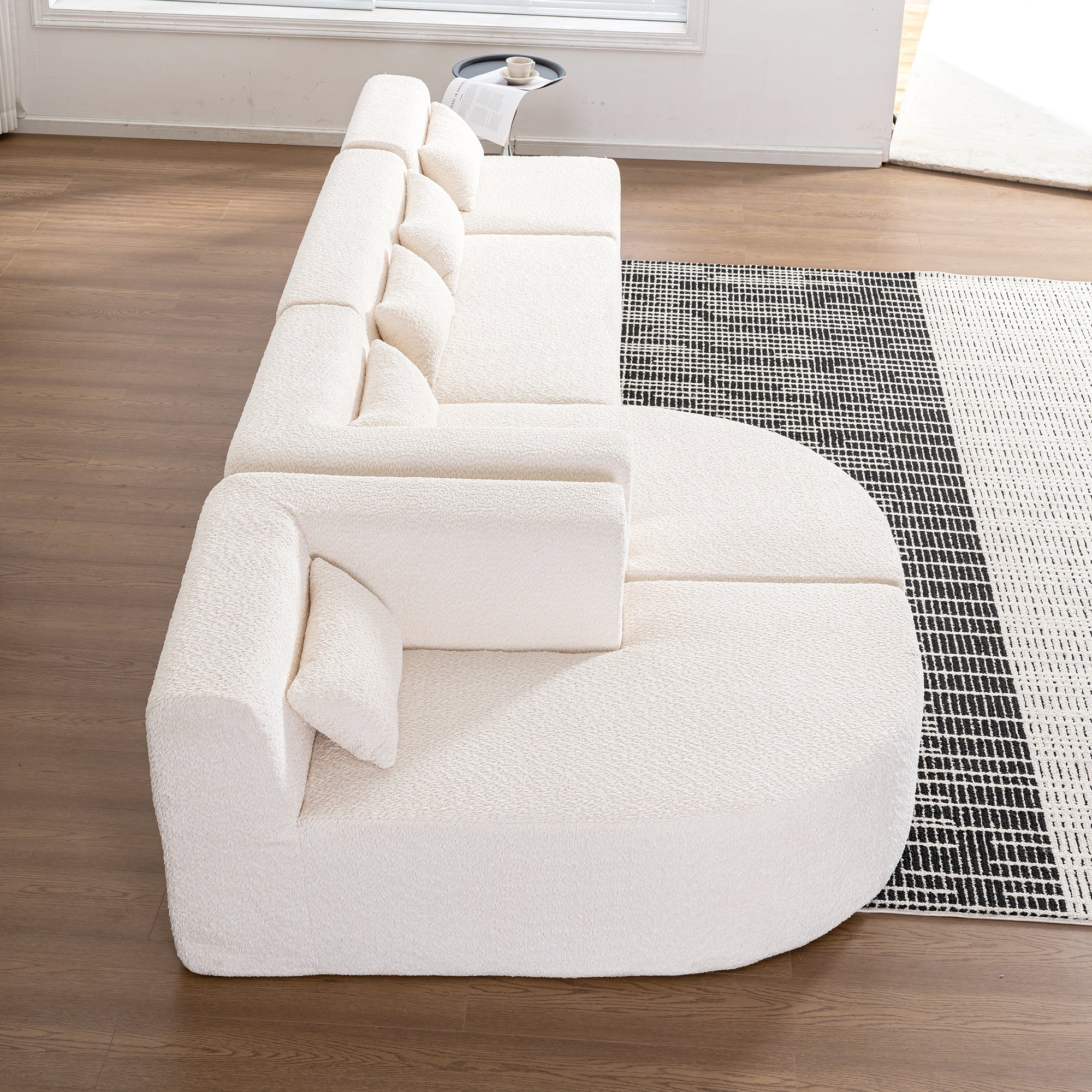 Modern Upholstered L-Shape Sofa with Chaise Lounge and Back Pillows, Beige Boucle Fabric, 144 inches - Grand Goldman Shop