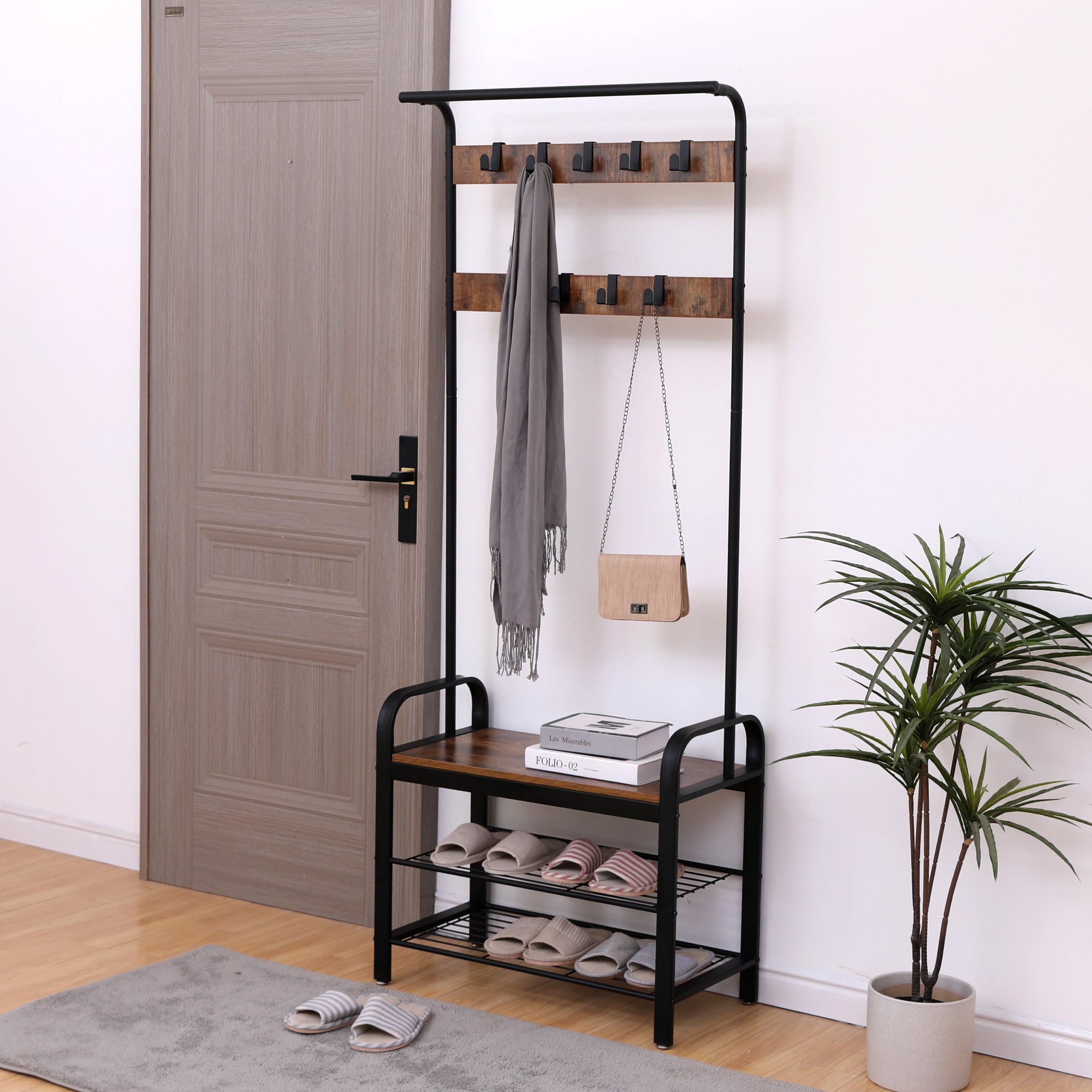 Coat Rack, Hall Tree with Shoe Bench for Entryway, Entryway Bench with Coat Rack, 4-in-1, with 9 Removable Hooks, a Hanging Rod, 13.8 x 25.2 x 72.8 Inches, Rustic Brown and Black - Grand Goldman Shop