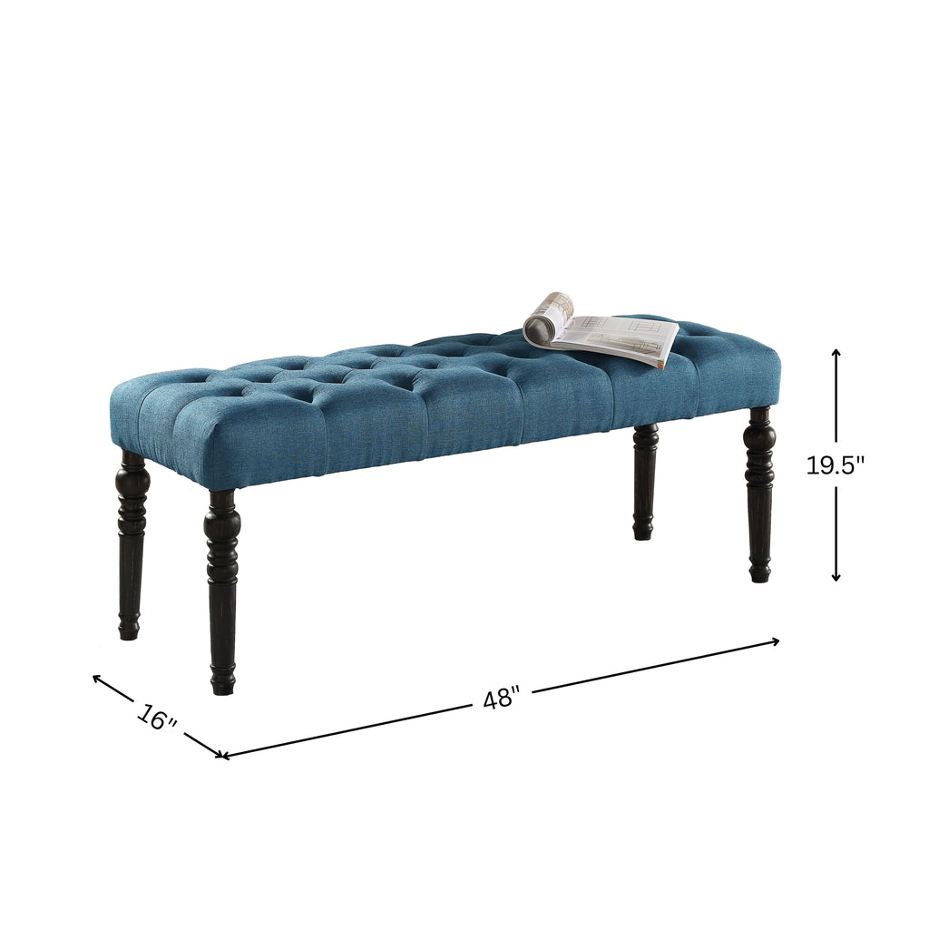 Leviton Fabric Tufted Turned Leg  Dining Bench, Blue - Grand Goldman Shop