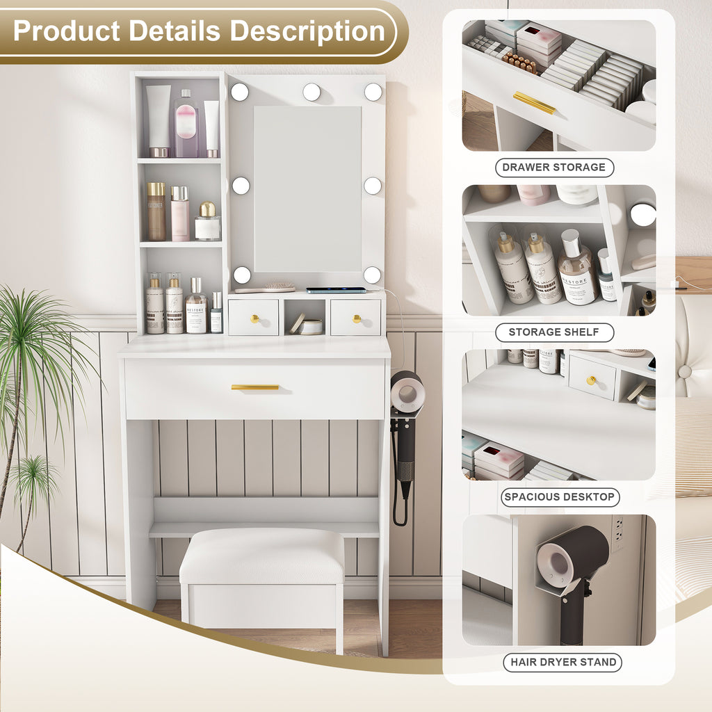 White Vanity Table with Mirror, Adjustable LED Lights, Power Outlet, Hairdryer Holder & Stool – Compact Dressing Desk for Small Bedrooms - Grand Goldman Shop