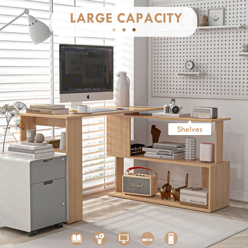 HOMCOM L Shaped Corner Desk, 360 Degree Rotating Home Office Desk with Storage Shelves, Writing Table Workstation, Maple | Pr