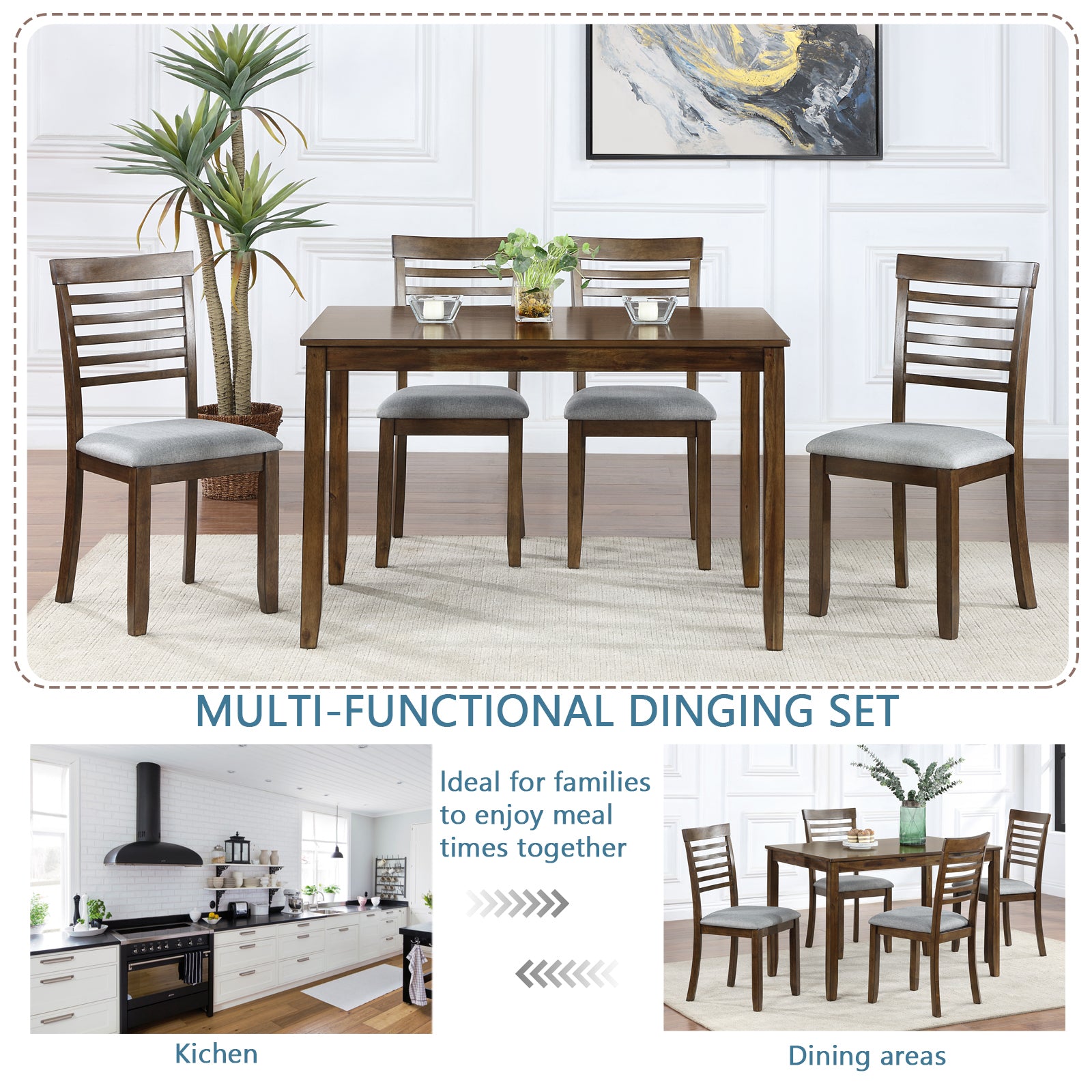 5PCs Modern Dining Set, Rectangular Wooden Dining Table with 4 Upholstered Chairs for Kitchen, Dining Room, Walnut - Grand Goldman Shop